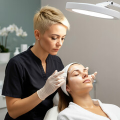 Wall Mural - Professional aesthetician performing facial treatment on client in modern salon