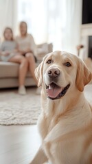 Happy Labrador Retriever with Family in Cozy Living Room