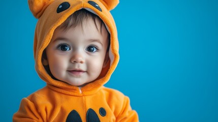 Cute Baby in Orange Bear Hoodie Against Blue Background