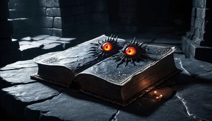 Sinister spellbook with glowing eyes resting on a stone surface in a dark, mystical setting