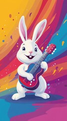 Cheerful Cartoon Rabbit Playing Guitar in Colorful Background