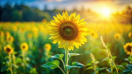 Poster - A Single Sunflower Stands Tall Against the Setting Sun in a Field of Golden Blooms