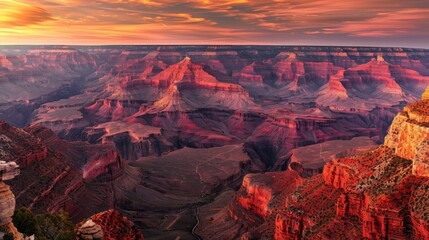 Aufkleber - A breathtaking view of the Grand Canyon at sunrise with vibrant hues of orange and pink lighting up the rugged rock formations, majestic setting with dynamic lighting, Canyon style