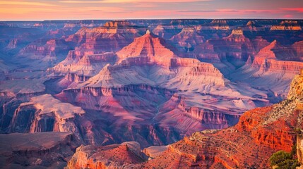 Aufkleber - A breathtaking view of the Grand Canyon at sunrise with vibrant hues of orange and pink lighting up the rugged rock formations, majestic setting with dynamic lighting, Canyon style