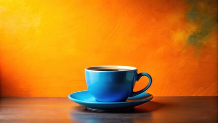 Poster - A solitary blue coffee cup sits on a saucer against a vibrant orange backdrop, inviting a moment of quiet contemplation.