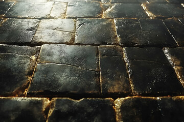 A close-up view of dark, textured paving stones, reflecting light in a striking pattern.