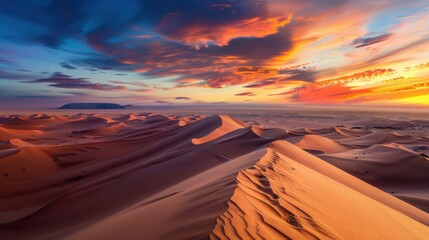 Aufkleber - A breathtaking view of the Sahara Desert with towering sand dunes and a vibrant sunset painting the sky in rich hues, expansive setting with dramatic colors, Desert style