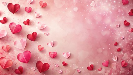Aufkleber - A delicate scattering of pink and red paper hearts on a soft, light pink background, with a subtle, shimmering effect for a romantic, ethereal ambiance.