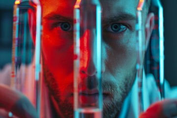 Poster - Scientist is conducting research with glass test tubes in a laboratory setting, illuminated by red and blue light