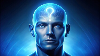 Poster - A man's head with a question mark above his forehead, depicting the concept of uncertainty and the search for answers.