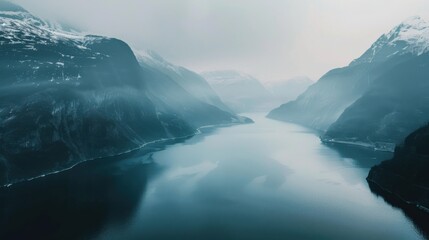 Poster - A breathtaking view of the serene fjords and towering mountains of Norway with misty mornings and calm waters reflecting the peaks, fjord setting with cool blues and muted grays