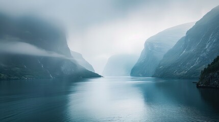 Poster - A breathtaking view of the serene fjords and towering mountains of Norway with misty mornings and calm waters reflecting the peaks, fjord setting with cool blues and muted grays