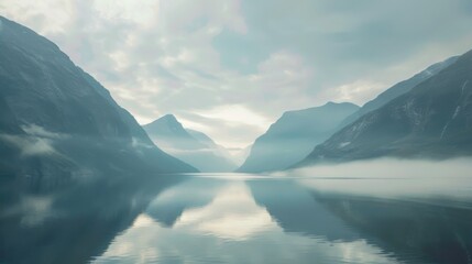 Poster - A breathtaking view of the serene fjords and towering mountains of Norway with misty mornings and calm waters reflecting the peaks, fjord setting with cool blues and muted grays