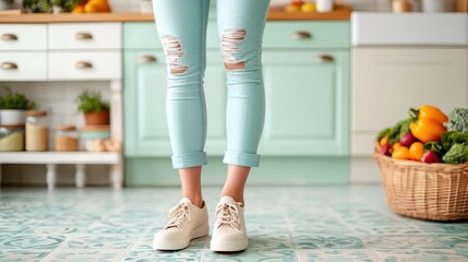 A person wearing trendy ripped jeans and stylish sneakers stands in a chic, modern kitchen accented with pastel tones, exemplifying contemporary casual fashion.