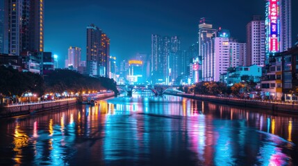 Poster - A bustling Asian cityscape with neon lights and high-rise buildings reflecting in a busy river, modern setting with vibrant nightlife, Urban style