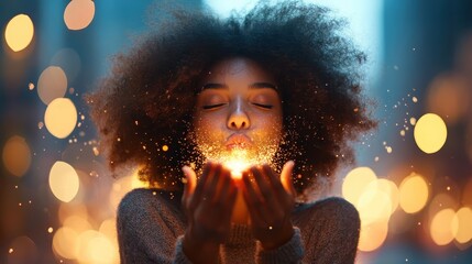 A depiction of a young woman quietly releasing glittering sparkles into the air, emitting a sense of wonder and magic set against a luminous background.