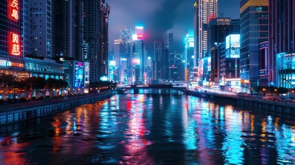 Poster - A bustling Asian cityscape with neon lights and high-rise buildings reflecting in a busy river, modern setting with vibrant nightlife, Urban style
