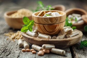 Variety of herbal pills are being displayed in wooden bowls with mint