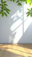 Wall Mural - Bright modern interior design featuring a garden view with shadows cast on white walls and wooden flooring