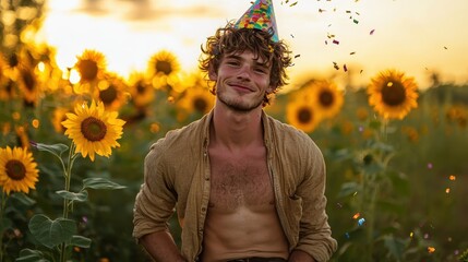 A cheerful young man wearing a party hat stands among vibrant sunflowers under a sunset sky, capturing joyful celebration and the beauty of nature.