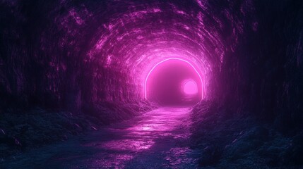 A dark tunnel with a bright pink neon light at the end.