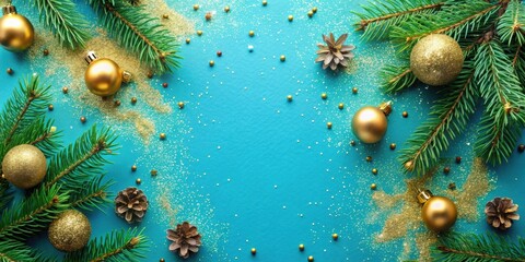 Aufkleber - Festive Christmas Frame with Golden Ornaments, Pine Branches, and Sparkling Glitter on a Teal Background