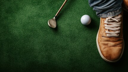 A top-down perspective captures a golf ball next to a club, paired with brown shoes on a lush green field, embodying focus and the artistry of golf.