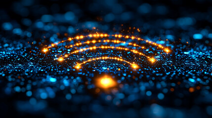 dark background with a blurred blue and orange bokeh effect Three glowing orange lines form a WiFi symbol in the center surrounded by smaller blue and orange lights