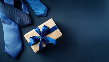 banner with blue gift box and neckties on dark blue background father s day concept