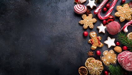 Sticker - christmas baking corner border with assorted red and white theme cookies and candies top view on a dark stone banner background with copy space holiday candy cane baking concept