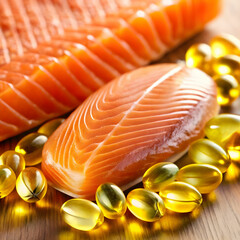 closeup of omega 3 capsules and salmon fillet