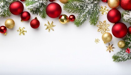 christmas side border of red and gold baubles snowy branches and snowflakes top down view on a white