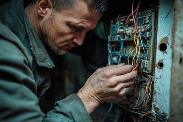 Poster - Electrician repairing electrical panel with tangled wires in dark environment