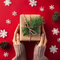 female s hands in pullover holding christmas gift box decorated with evergreen branch on red background with snow christmas and new year banner