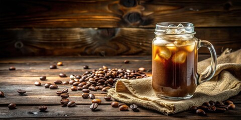 Poster - A Refreshing Glass of Iced Coffee with a Scattered Pile of Coffee Beans on a Rustic Wooden Surface