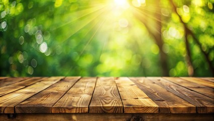 Aufkleber - Wooden Tabletop with a Soft Focus Background of Sunbeams Filtering Through Lush Green Foliage