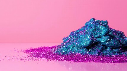 A pile of glitter-filled slime on a shiny surface, with reflections emphasizing the sparkle of National Slime Day