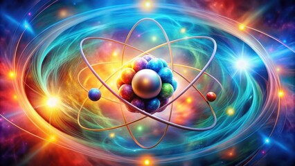 Poster - A colorful abstract representation of an atom with orbiting electrons, set against a cosmic backdrop with bright lights and swirling energy.