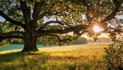 Sticker - old oak tree foliage in morning light with sunlight