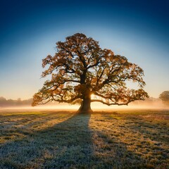 Sticker - old oak tree standing on the foggy field