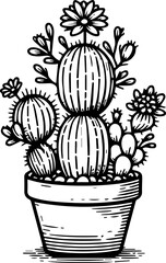 Black Line Art Decorative Cactus Plants Hand Drawn Illustration