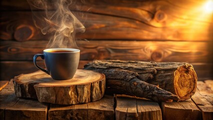 Poster - A steaming cup of coffee on a wooden surface with a natural log and warm, inviting lighting.