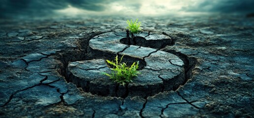 Dollar sign shape formed by cracked dry earth with green plants growing.