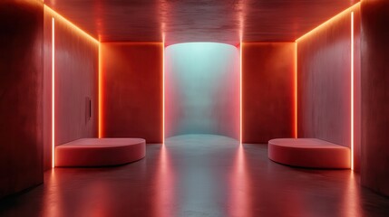 A sleek modern room features a minimalist design with symmetrical seating and red neon lighting, creating an intriguing and elegant atmosphere within its simple layout.