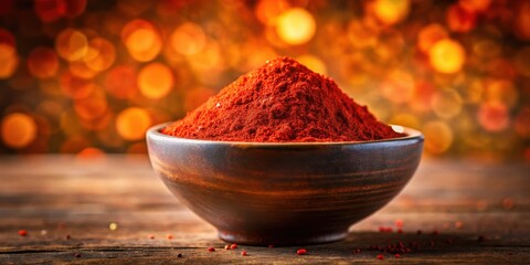 Poster - A Bowl of Vibrant Red Paprika Powder on a Rustic Wooden Table With Warm Bokeh Background