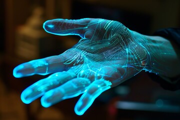 Poster - glowing blue digital lines flowing from a hand representing artificial intelligence and advanced tec