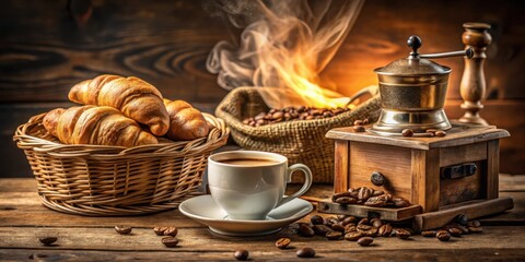 Poster - A steaming cup of coffee with croissants and a vintage coffee grinder on a rustic wooden table