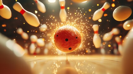 Wall Mural - Bowling ball striking pins, with sparks flying.