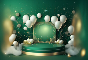 Aufkleber - A green pedestal with a golden trim sits in front of a green background decorated with white balloons, gold accents, and sparkling effects.