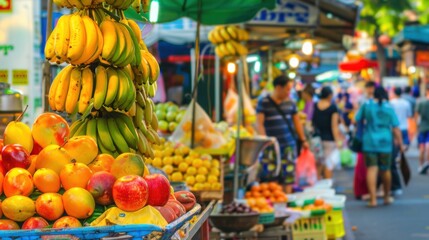 Aufkleber - A captivating view of a bustling street market in Bangkok with colorful stalls, exotic fruits, and vibrant street life